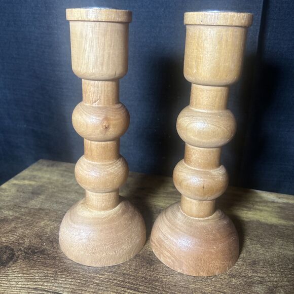 Wood Candlestick Holders Set of 2- 8” Natural Farmhouse Rustic Rounded Design - Picture 6 of 11